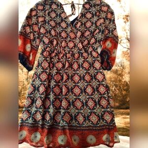 XS Boho Dress, Deep V- Back w Tie